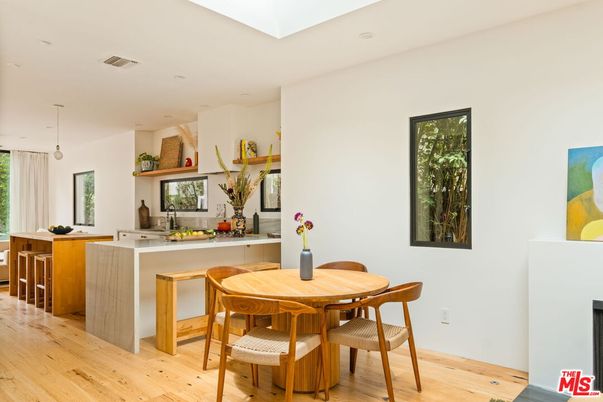 Dining room, Interior, Pendant Lights, Recessed Lighting, Wood Texture Flooring