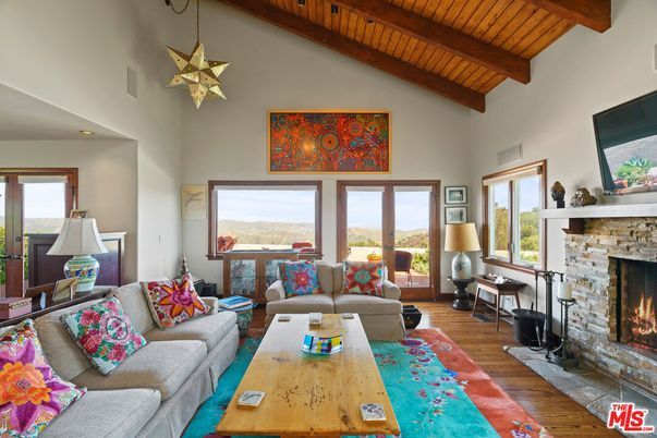 Fireplace, Interior, Living room, Pendant Lights, Recessed Lighting, Wooden Beams, Wooden Ceilings, Wood Texture Flooring