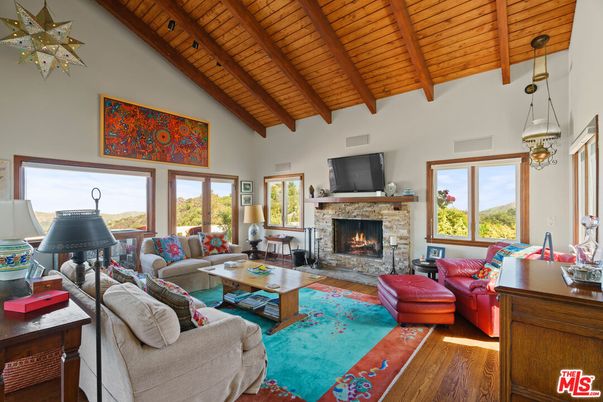 Fireplace, Interior, Living room, Pendant Lights, Wooden Beams, Wooden Ceilings, Wood Texture Flooring