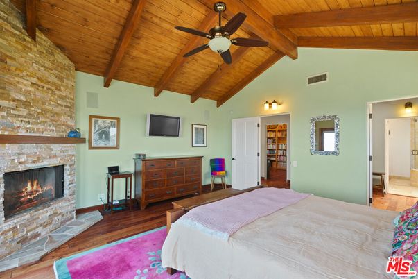 Bedroom, Fireplace, Interior, Stone Walls, Wooden Beams, Wooden Ceilings, Wood Texture Flooring