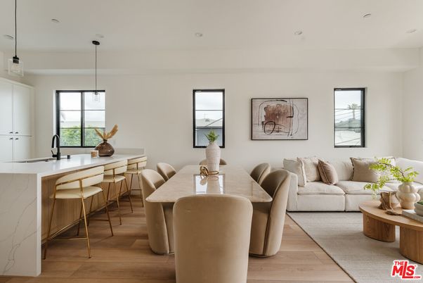 Dining room, Interior, Living room, Pendant Lights, Recessed Lighting, Wood Texture Flooring