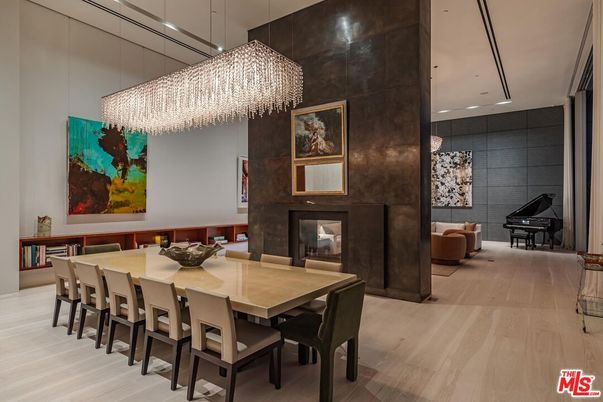Chandelier, Dining room, Fireplace, Interior, Piano, Recessed Lighting, Wood Texture Flooring