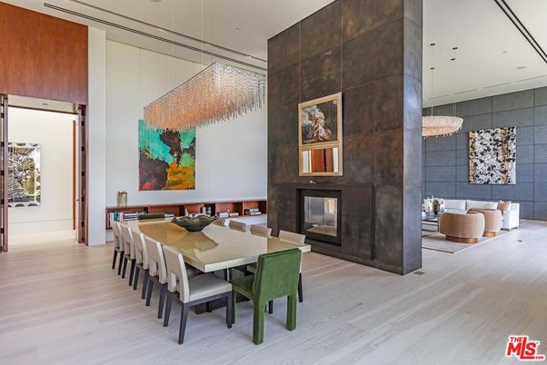 Dining room, Fireplace, Interior, Pendant Lights, Wood Texture Flooring