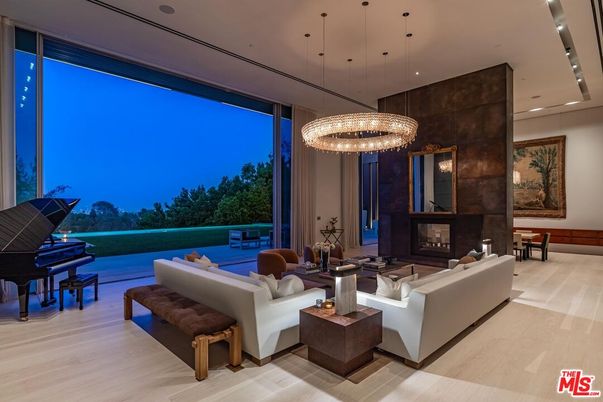 Chandelier, Fireplace, Interior, Living room, Pendant Lights, Piano, Recessed Lighting, Wood Texture Flooring