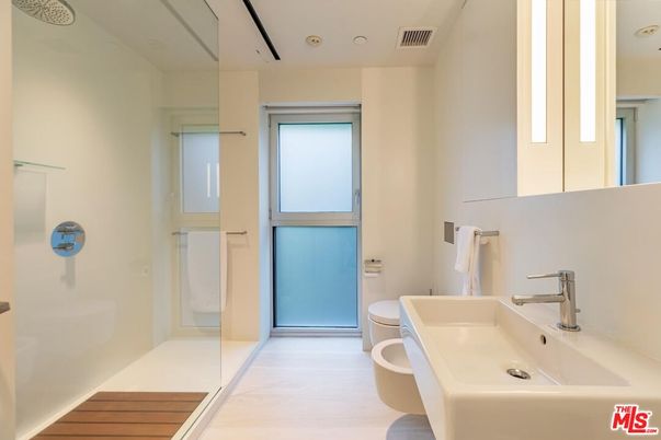 Bathroom, Glass Shower, Interior, Recessed Lighting, Wood Texture Flooring