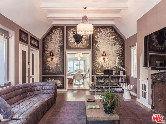 Dining room, Fireplace, Interior, Living room, Pendant Lights, Piano, Stone Walls, Wood Texture Flooring