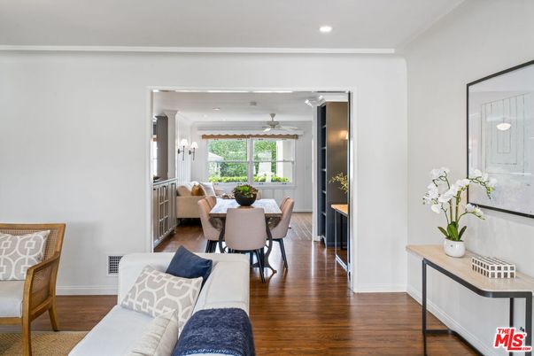 Dining room, Interior, Living room, Recessed Lighting, Wood Texture Flooring