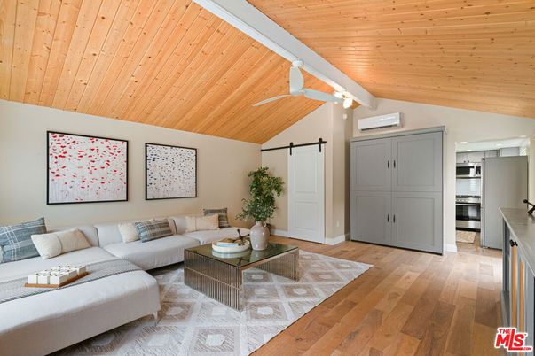 Interior, Kitchen, Living room, Recessed Lighting, Stainless Steel Appliances, Wooden Ceilings, Wood Texture Flooring