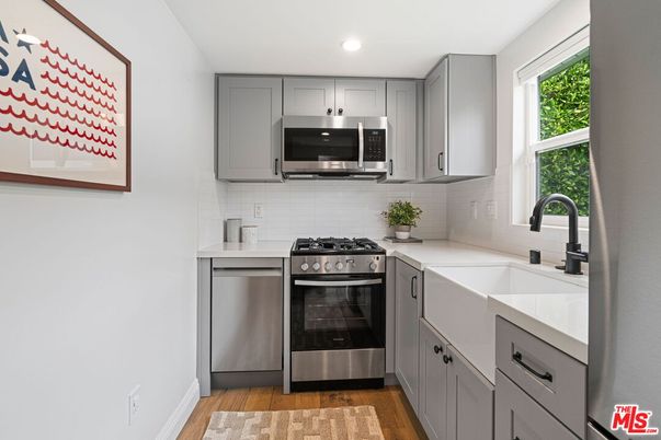 Interior, Kitchen, Recessed Lighting, Stainless Steel Appliances, Wood Texture Flooring