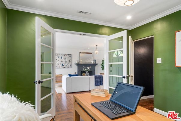 Fireplace, Home Office, Interior, Pendant Lights, Recessed Lighting, Wood Texture Flooring