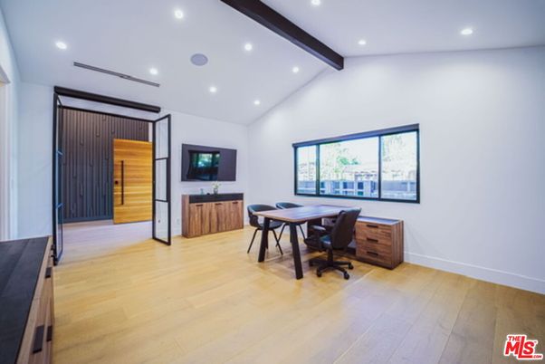 Home Office, Interior, Recessed Lighting, Wooden Beams, Wood Texture Flooring