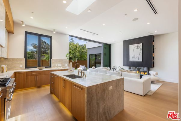 Fireplace, Interior, Kitchen, Living room, Recessed Lighting, Wood Texture Flooring