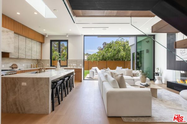 Fireplace, Interior, Kitchen, Living room, Recessed Lighting, Wood Texture Flooring