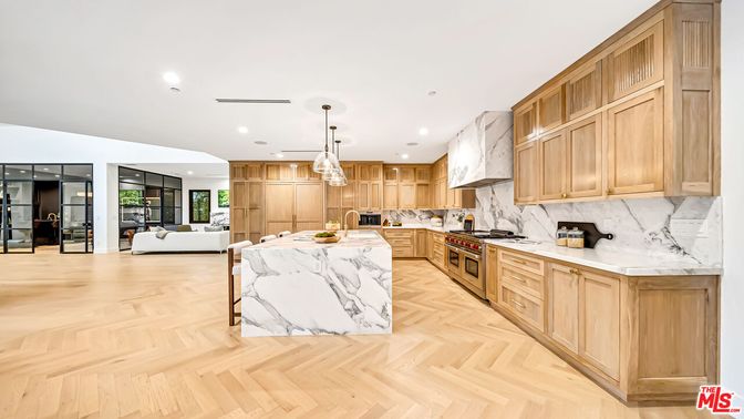 Interior, Kitchen, Living room, Marble Walls, Pendant Lights, Recessed Lighting, Stainless Steel Appliances, Wood Texture Flooring