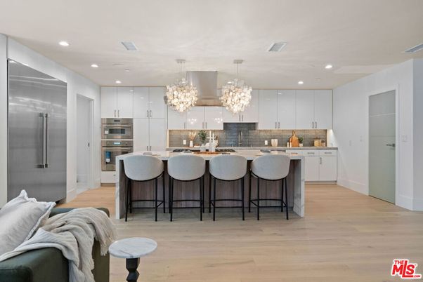Chandelier, Interior, Kitchen, Pendant Lights, Recessed Lighting, Stainless Steel Appliances, Wood Texture Flooring