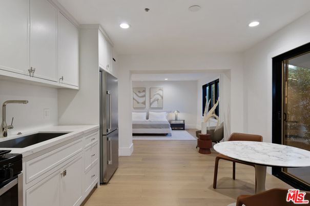 Bedroom, Interior, Kitchen, Recessed Lighting, Stainless Steel Appliances, Wood Texture Flooring