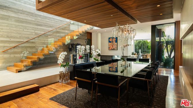 Chandelier, Dining room, Interior, Recessed Lighting, Wooden Ceilings, Wood Texture Flooring, Wooden Walls