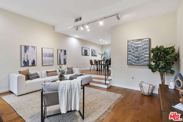Dining room, Interior, Living room, Recessed Lighting, Wood Texture Flooring