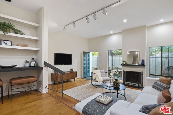 Fireplace, Interior, Living room, Recessed Lighting, Wood Texture Flooring