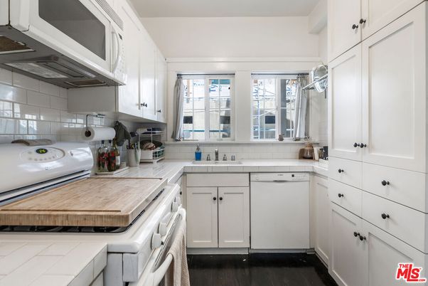 Interior, Kitchen, Tile Countertops, Wood Texture Flooring