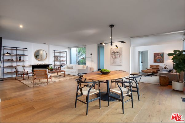 Dining room, Fireplace, Interior, Living room, Pendant Lights, Recessed Lighting, Wood Texture Flooring