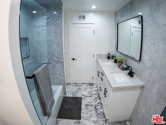 Bathroom, Dual Sink Vanities, Glass Shower, Interior, Marble, Recessed Lighting