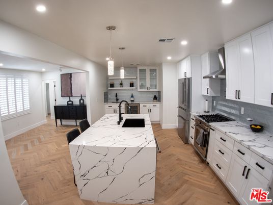 Interior, Kitchen, Pendant Lights, Recessed Lighting, Stainless Steel Appliances, Wood Texture Flooring