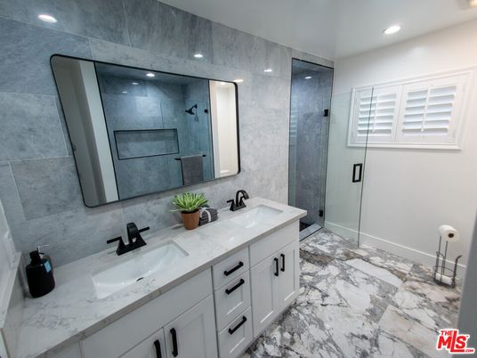 Bathroom, Dual Sink Vanities, Glass Shower, Interior, Marble, Recessed Lighting