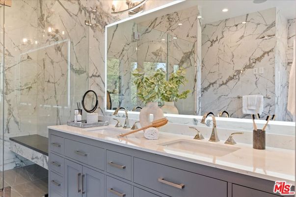 Bathroom, Dual Sink Vanities, Glass Shower, Interior, Marble Walls, Recessed Lighting