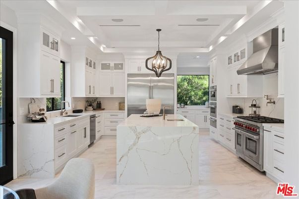 Interior, Kitchen, Marble, Marble Walls, Pendant Lights, Recessed Lighting, Stainless Steel Appliances