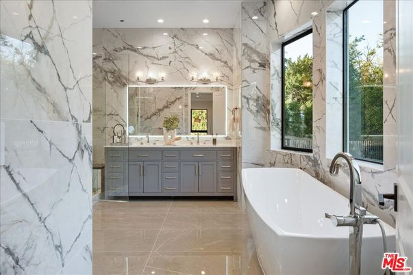 Bathroom, Dual Sink Vanities, Free Standing Baths, Interior, Marble Walls, Recessed Lighting