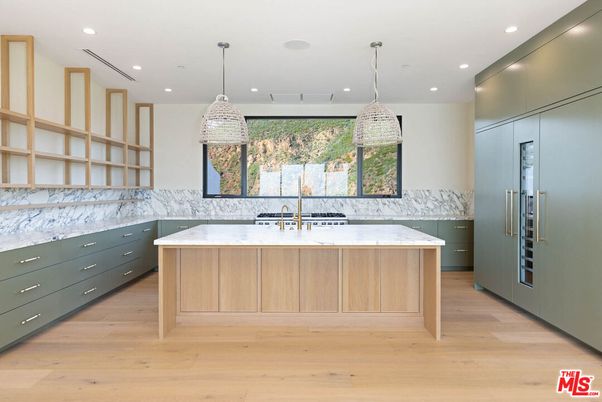 Interior, Kitchen, Marble Walls, Pendant Lights, Recessed Lighting, Wood Texture Flooring