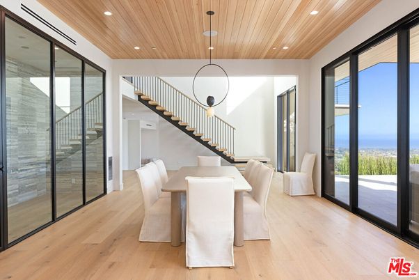 Dining room, Interior, Pendant Lights, Recessed Lighting, Water, Wooden Ceilings, Wood Texture Flooring