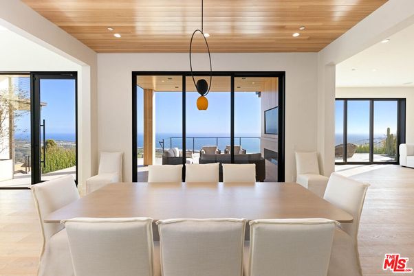 Dining room, Interior, Pendant Lights, Recessed Lighting, Water, Wooden Ceilings, Wood Texture Flooring
