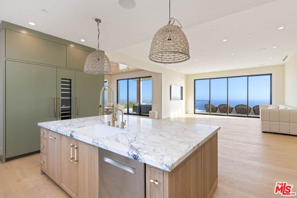Interior, Kitchen, Pendant Lights, Recessed Lighting, Stainless Steel Appliances, Water, Wood Texture Flooring