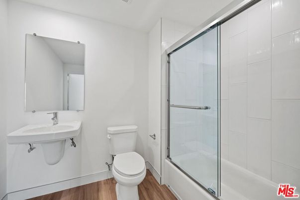 Bathroom, Glass Shower, Interior, Wood Texture Flooring