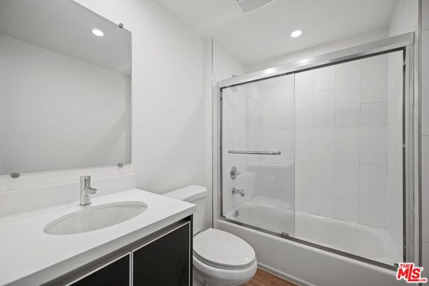 Bathroom, Glass Shower, Interior, Recessed Lighting, Wood Texture Flooring