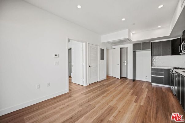 Empty room, Interior, Kitchen, Recessed Lighting, Wood Texture Flooring