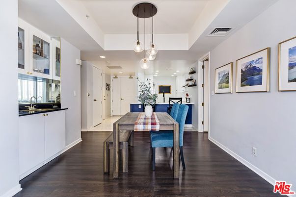 Dining room, Interior, Pendant Lights, Recessed Lighting, Wood Texture Flooring