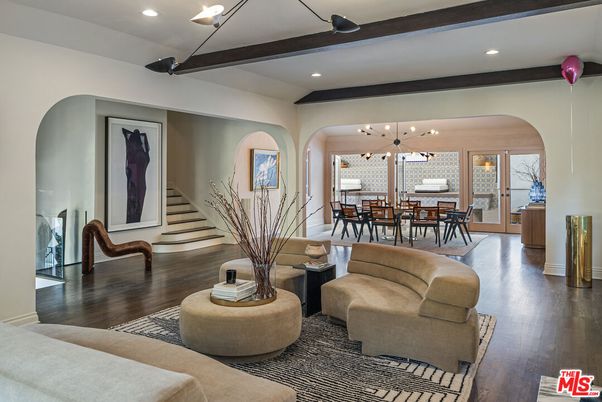 Dining room, Interior, Pendant Lights, Recessed Lighting, Wooden Beams, Wood Texture Flooring