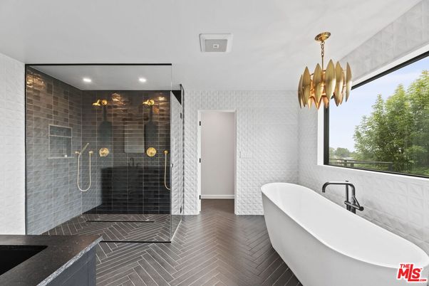 Bathroom, Chandelier, Free Standing Baths, Glass Shower, Interior, Recessed Lighting, Wood Texture Flooring