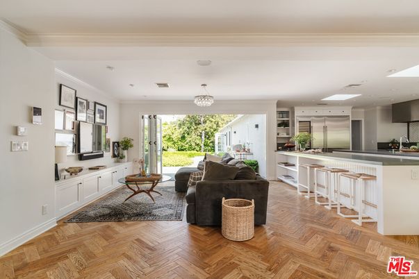 Chandelier, Interior, Kitchen, Living room, Recessed Lighting, Stainless Steel Appliances, Wood Texture Flooring