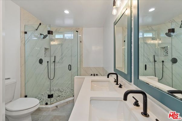 Bathroom, Dual Sink Vanities, Glass Shower, Interior, Marble Walls, Recessed Lighting