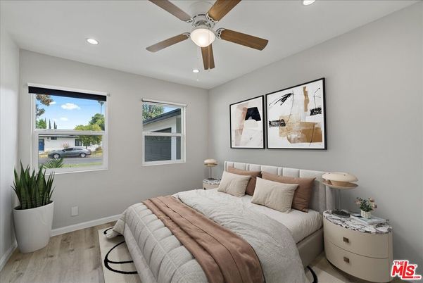 Bedroom, Interior, Recessed Lighting, Wood Texture Flooring