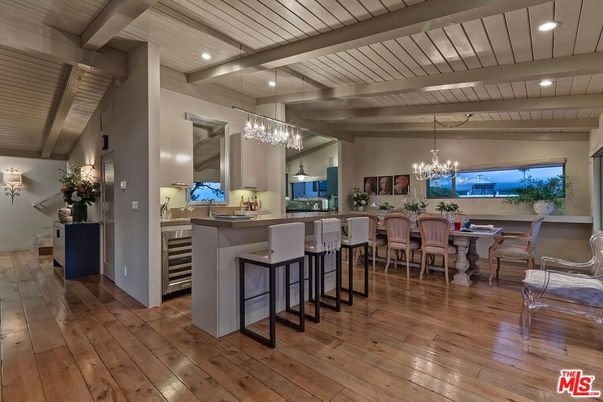 Chandelier, Dining room, Interior, Recessed Lighting, Wooden Beams, Wood Texture Flooring