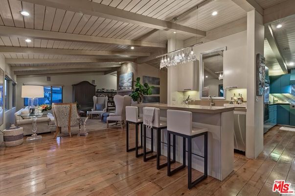 Chandelier, Dining room, Interior, Living room, Recessed Lighting, Wooden Beams, Wood Texture Flooring