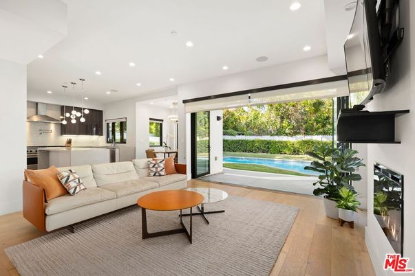 Fireplace, Interior, Kitchen, Living room, Pendant Lights, Recessed Lighting, Stainless Steel Appliances, Wood Texture Flooring