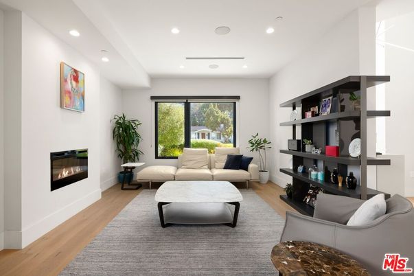 Fireplace, Interior, Living room, Recessed Lighting, Wood Texture Flooring