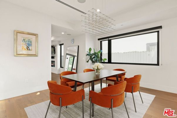 Dining room, Interior, Pendant Lights, Recessed Lighting, Wood Texture Flooring