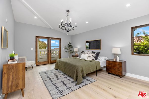 Bedroom, Chandelier, Interior, Recessed Lighting, Wood Texture Flooring